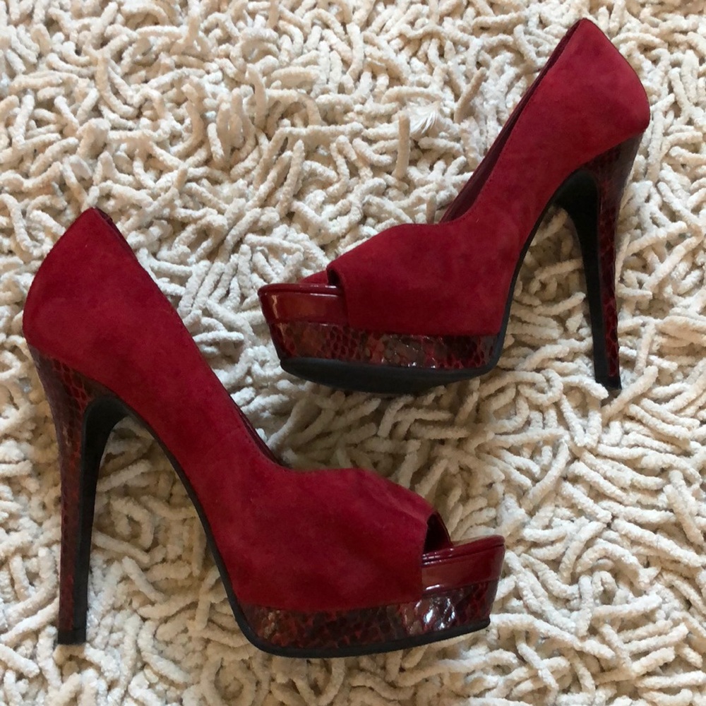 Red suede and snakeskin Jessica Simpson peep toes